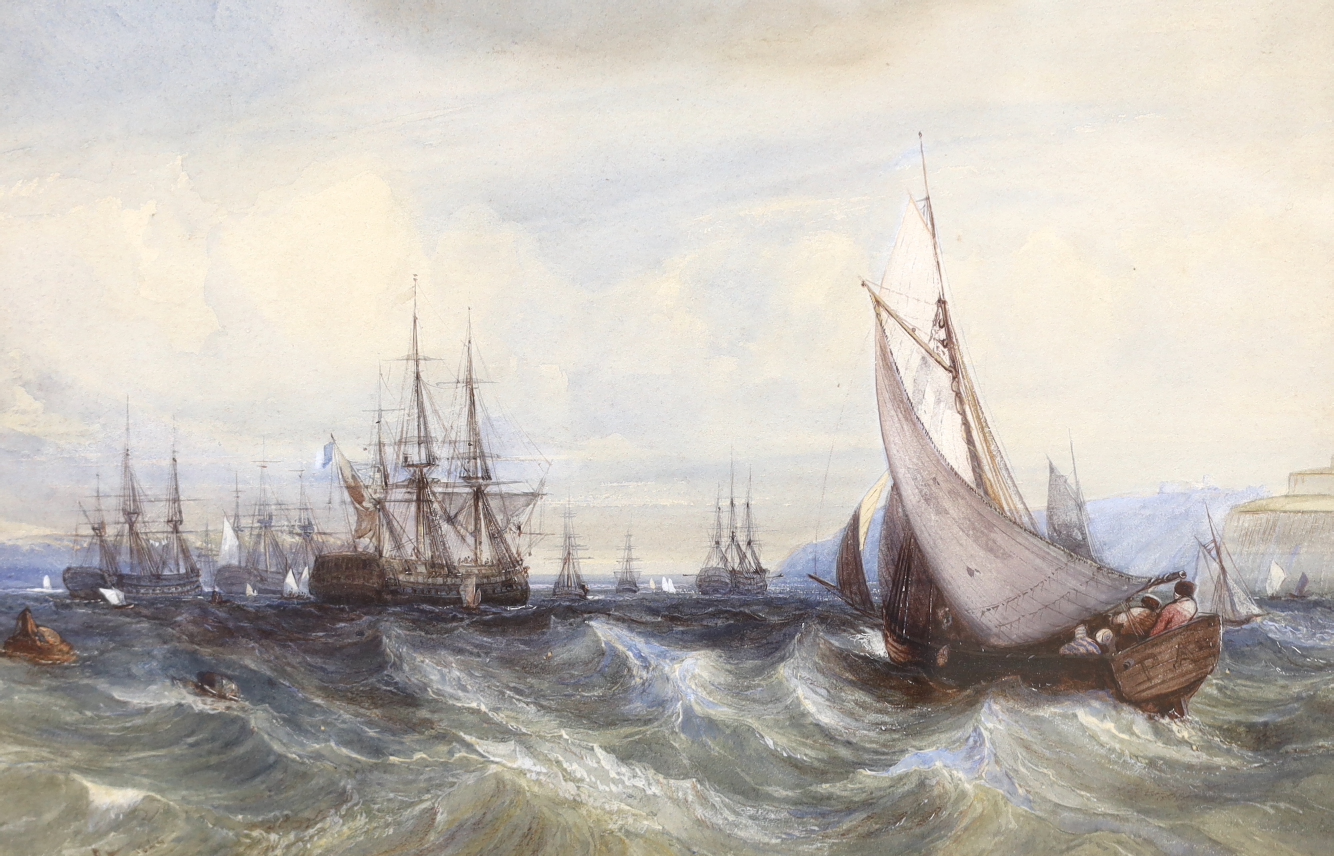 Antoine-Desire Heroult (French, 1799-1853), watercolour, French warships in Brest Roads, signed and dated 1844, 24 x 36cm
